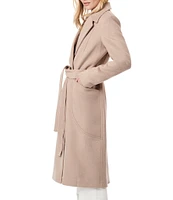 Bernardo Single Breasted Notch Lapel Collared Maxi Tie Waist Wool Coat