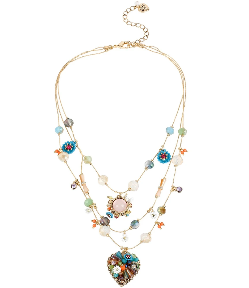 Betsey Johnson Bead & Flower Heart Illusion Necklace