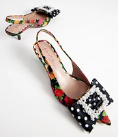 Betsey Johnson Birdy Floral Print Pearl Buckle Bow Slingback Kitten Heel Pumps