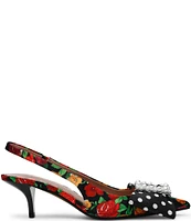 Betsey Johnson Birdy Floral Print Pearl Buckle Bow Slingback Kitten Heel Pumps