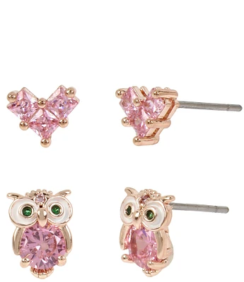 Betsey Johnson CZ Stone Delicate Owl & Heart Duo Stud Earrings Set