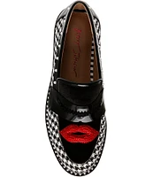 Betsey Johnson Darian Houndstooth Embellished Lips Penny Loafers