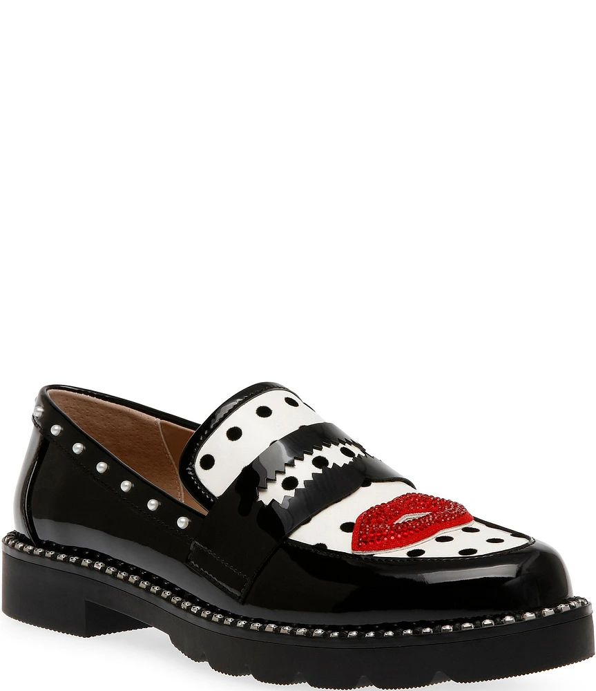 Betsey Johnson Darian Polka Dot Embellished Lips Penny Loafers