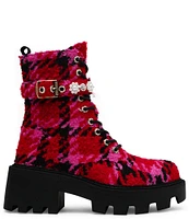 Betsey Johnson Heathr Houndstooth Pearl Platform Combat Boots