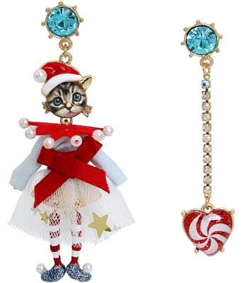 Betsey Johnson Jingle Bell Bling Christmas Cat Mismatched Drop Earrings