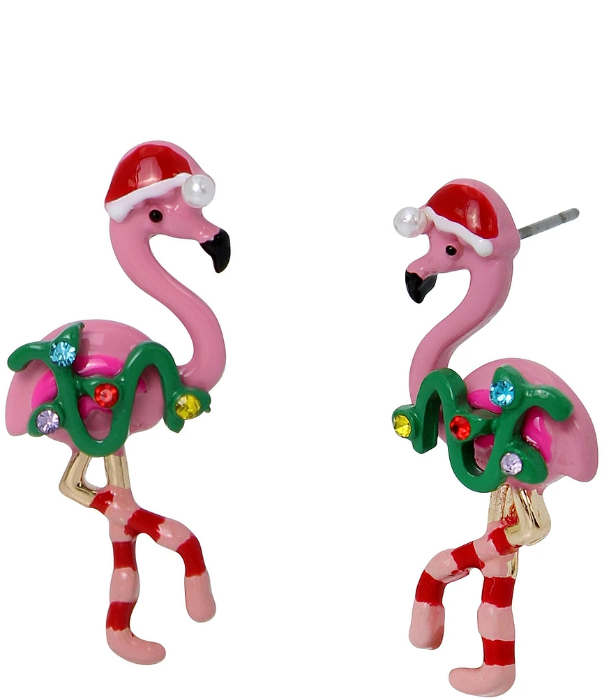 Betsey Johnson Jingle Bell Bling Christmas Flamingo Stud Earrings