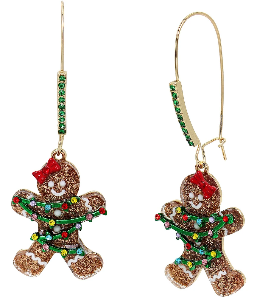 Betsey Johnson Jingle Bell Bling Christmas Gingerbread Dangle Drop Earrings