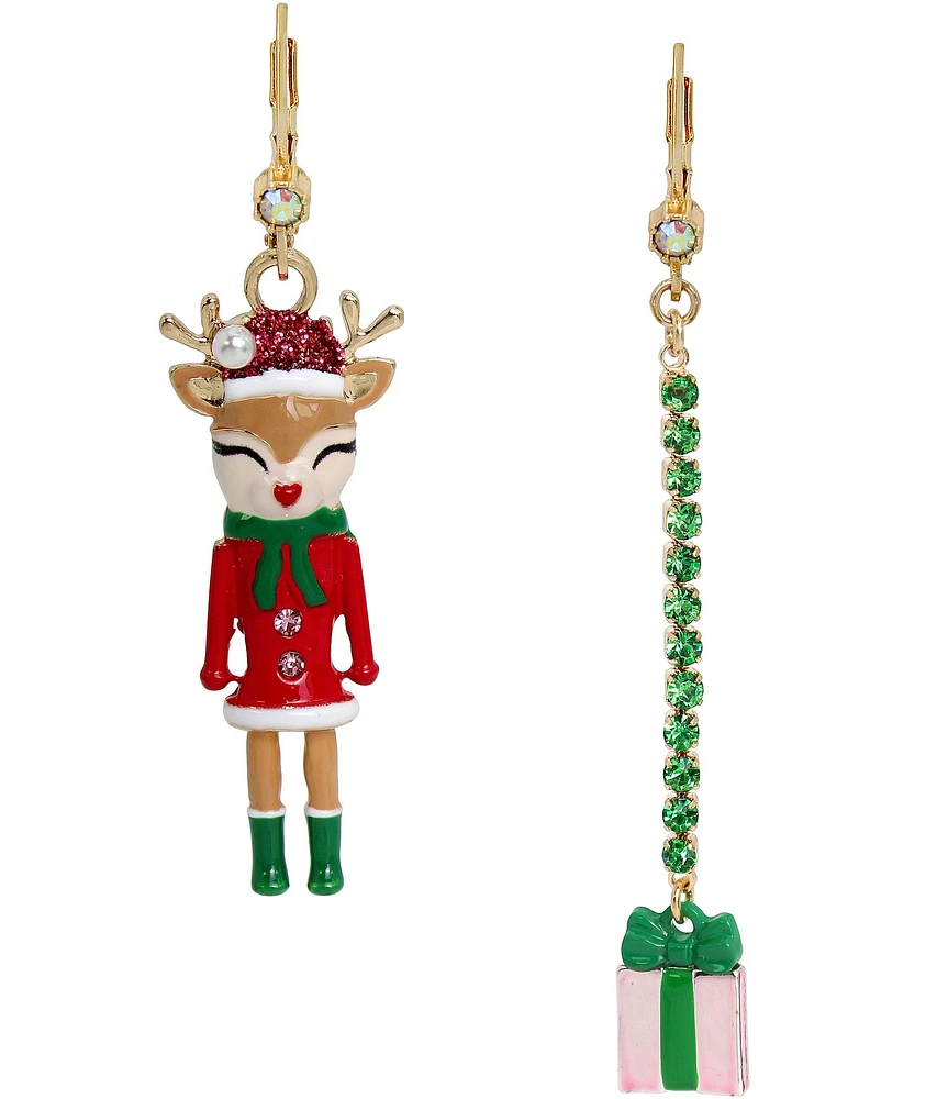 Betsey Johnson Jingle Bell Bling Christmas Reindeer & Present Mismatched Linear Earrings