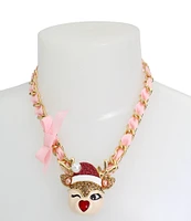 Betsey Johnson Jingle Bell Bling Christmas Reindeer Short Pendant Necklace