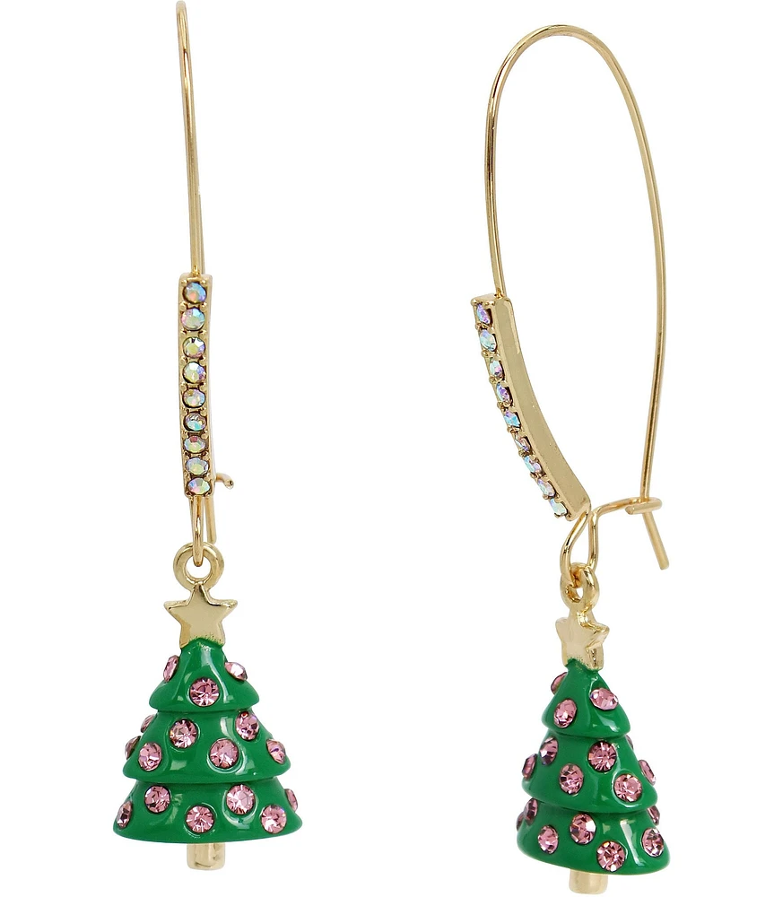 Betsey Johnson Jingle Bell Bling Christmas Tree Dangle Drop Earrings