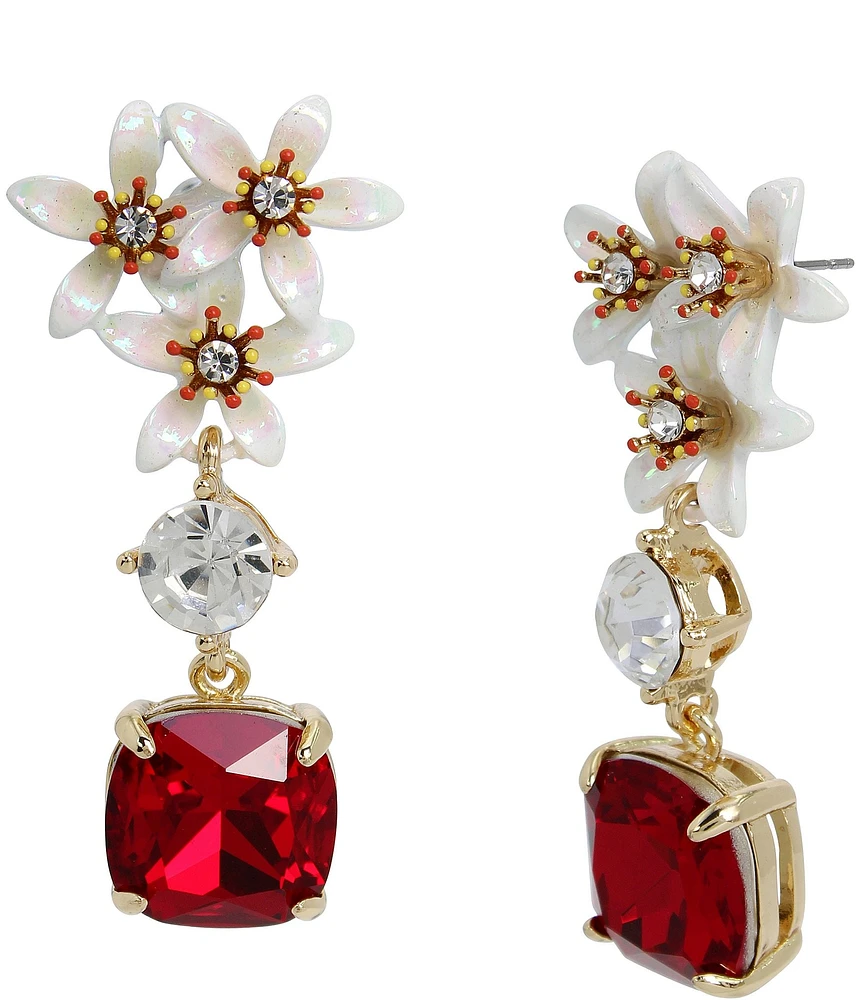 Betsey Johnson Jingle Bell Bling Flower Cluster Gem Drop Earrings