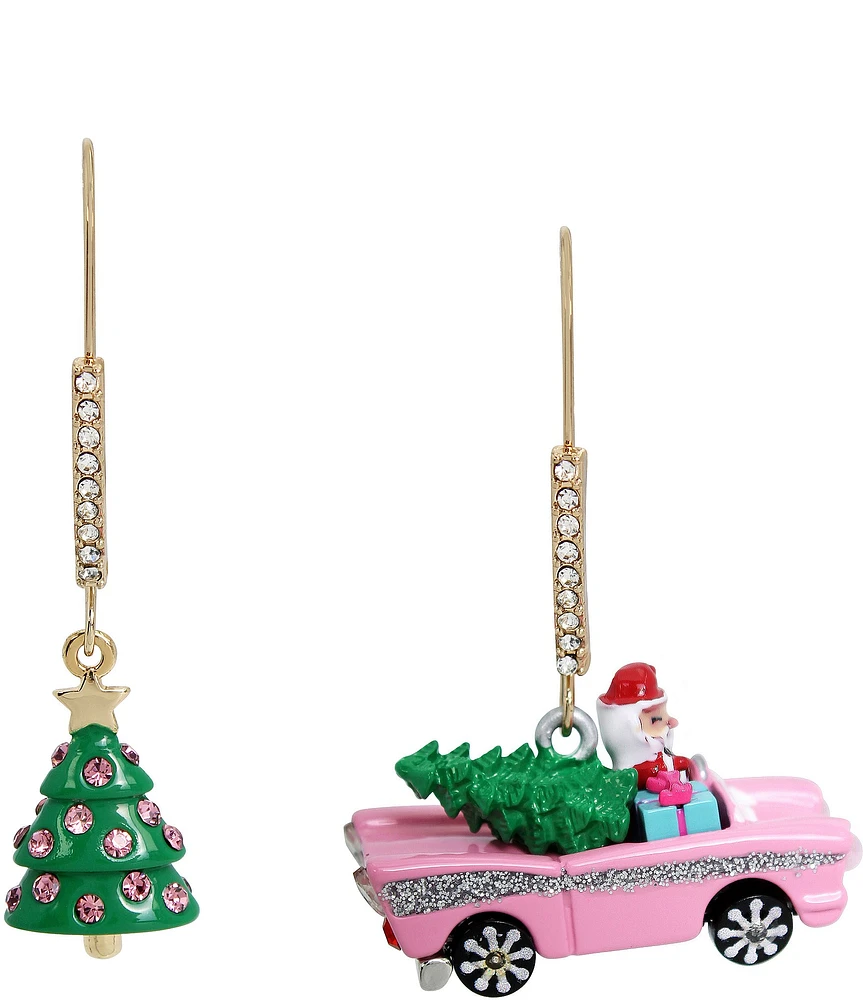 Betsey Johnson Jingle Bell Bling Santa Claus & Christmas Tree Mismatched Drop Earrings