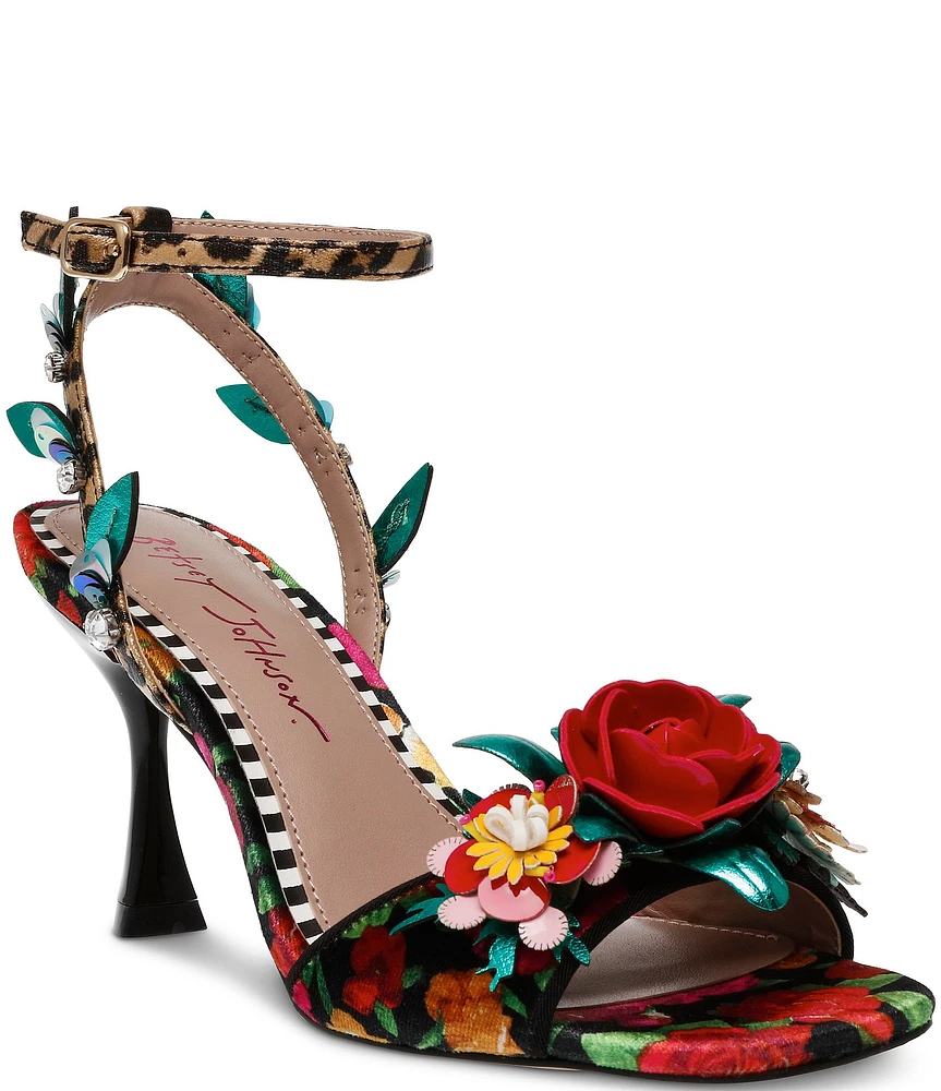 Betsey Johnson Karra Floral Print Velvet Embellished Dress Sandals