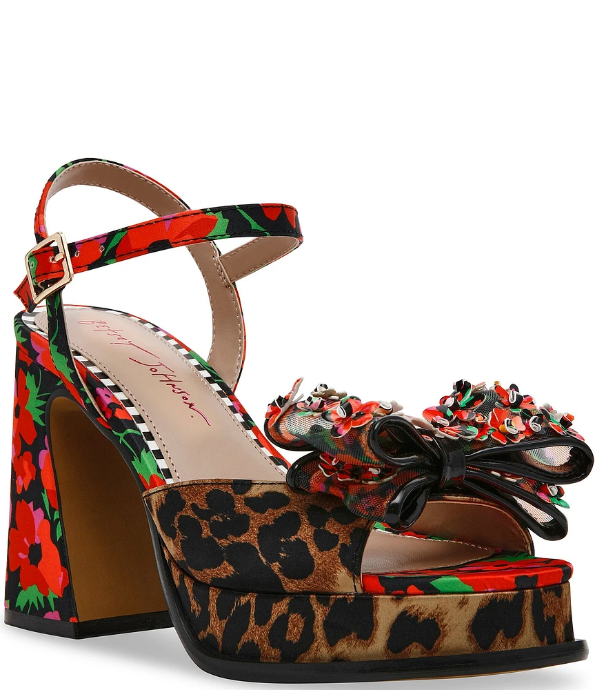 Betsey Johnson Lilie Leopard Print Mesh Bow Platform Block Heel Sandals