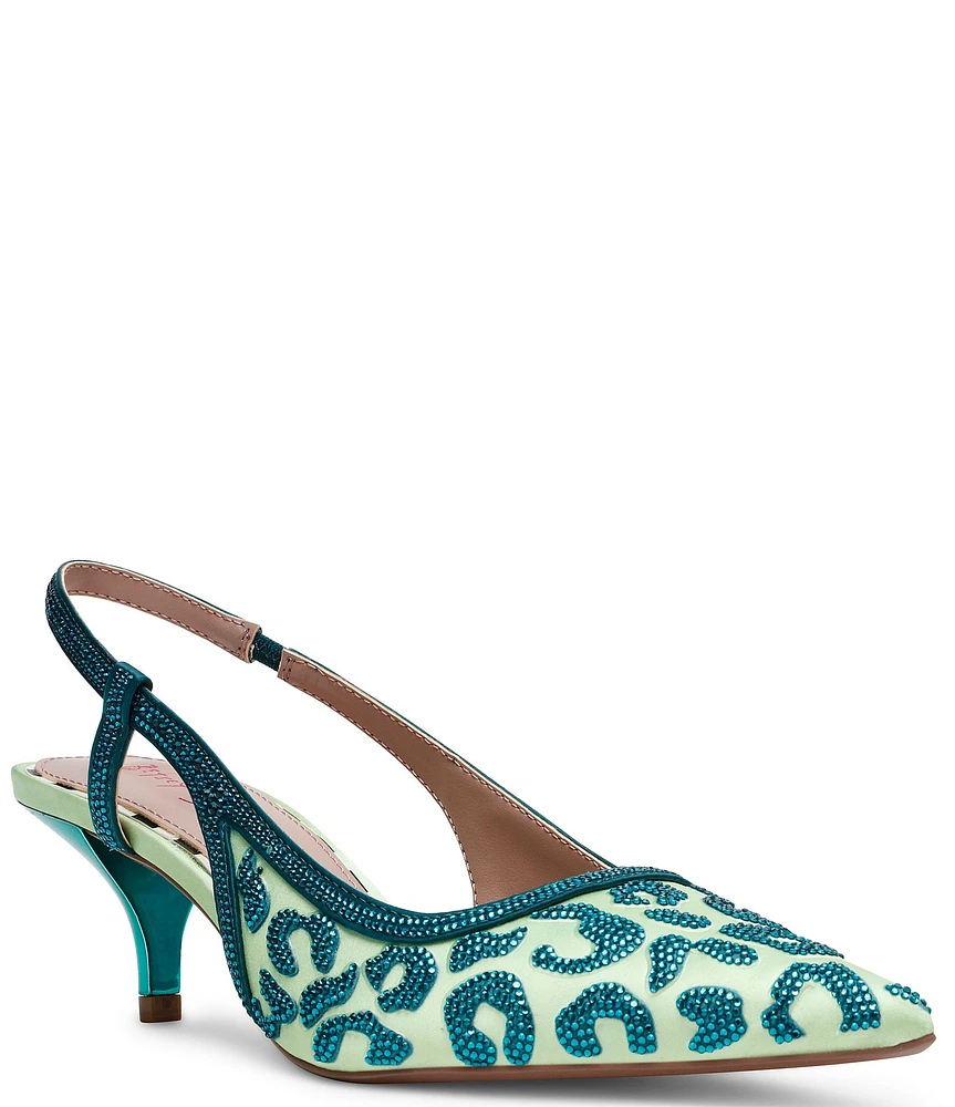 Betsey Johnson Nahla Rhinestone Leopard Print Slingback Kitten Heel Pumps