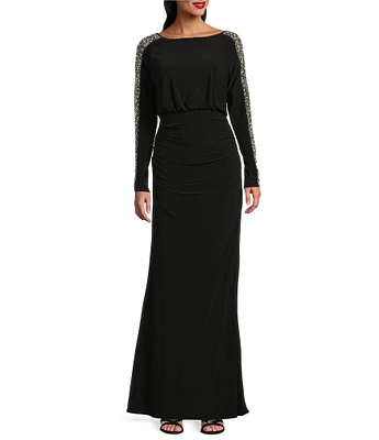Betsy & Adam Beaded Boat Neck Long Sleeves Shirred Bodice Sheath Dress