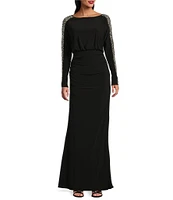 Betsy & Adam Beaded Boat Neck Long Sleeves Shirred Bodice Sheath Dress