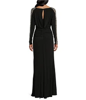 Betsy & Adam Beaded Boat Neck Long Sleeves Shirred Bodice Sheath Dress