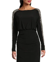 Betsy & Adam Beaded Boat Neck Long Sleeves Shirred Bodice Sheath Dress