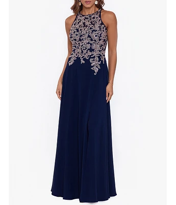 Betsy & Adam Beaded Embroidery Chiffon Halter Neck Keyhole Back Detail Sleeveless Gown