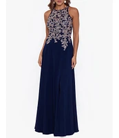 Betsy & Adam Beaded Embroidery Chiffon Halter Neck Keyhole Back Detail Sleeveless Gown