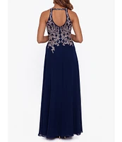 Betsy & Adam Beaded Embroidery Chiffon Halter Neck Keyhole Back Detail Sleeveless Gown