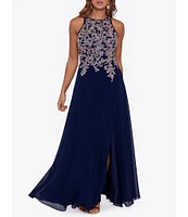 Betsy & Adam Beaded Embroidery Chiffon Halter Neck Keyhole Back Detail Sleeveless Gown