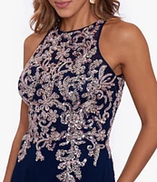 Betsy & Adam Beaded Embroidery Chiffon Halter Neck Keyhole Back Detail Sleeveless Gown