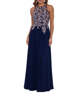 Betsy & Adam Beaded Embroidery Chiffon Halter Neck Keyhole Back Detail Sleeveless Gown