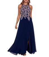 Betsy & Adam Beaded Embroidery Chiffon Halter Neck Keyhole Back Detail Sleeveless Gown