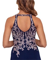 Betsy & Adam Beaded Embroidery Chiffon Halter Neck Keyhole Back Detail Sleeveless Gown