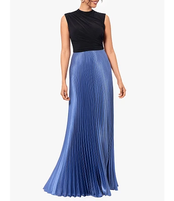 Betsy & Adam Charmeuse Gathered Mock Neck Sleeveless Pleated Gown