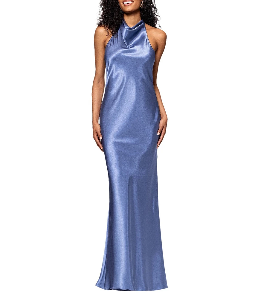 Betsy & Adam Charmeuse Halter Neck Sleeveless Back Bow Fit and Flare Gown