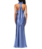 Betsy & Adam Charmeuse Halter Neck Sleeveless Back Bow Fit and Flare Gown