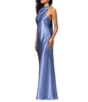 Betsy & Adam Charmeuse Halter Neck Sleeveless Back Bow Fit and Flare Gown