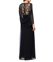 Betsy & Adam Chiffon Boat Neck 3/4 Sleeve Back Cape Sheath Dress