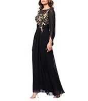 Betsy & Adam Chiffon Boat Neck 3/4 Sleeve Back Cape Sheath Dress