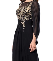 Betsy & Adam Chiffon Boat Neck 3/4 Sleeve Back Cape Sheath Dress