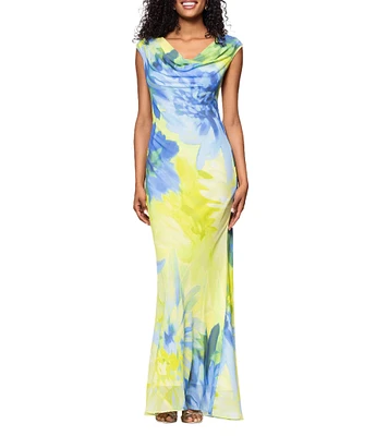Betsy & Adam Chiffon Floral Print Cowl Neck Sleeveless Sheath Gown