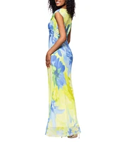 Betsy & Adam Chiffon Floral Print Cowl Neck Sleeveless Sheath Gown