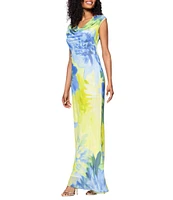 Betsy & Adam Chiffon Floral Print Cowl Neck Sleeveless Sheath Gown