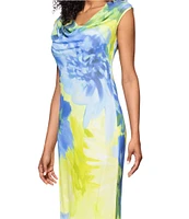 Betsy & Adam Chiffon Floral Print Cowl Neck Sleeveless Sheath Gown