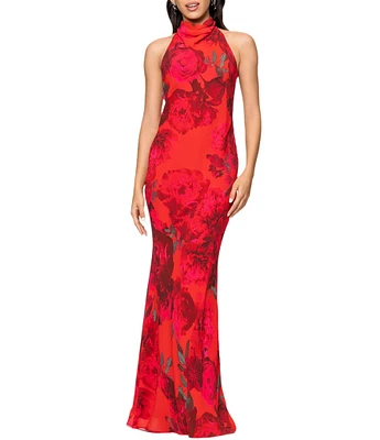Betsy & Adam Chiffon Floral Print Halter Cowl Neck Sleeveless Sheath Gown