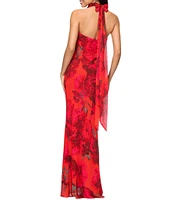 Betsy & Adam Chiffon Floral Print Halter Cowl Neck Sleeveless Sheath Gown