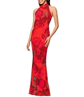 Betsy & Adam Chiffon Floral Print Halter Cowl Neck Sleeveless Sheath Gown