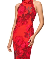 Betsy & Adam Chiffon Floral Print Halter Cowl Neck Sleeveless Sheath Gown