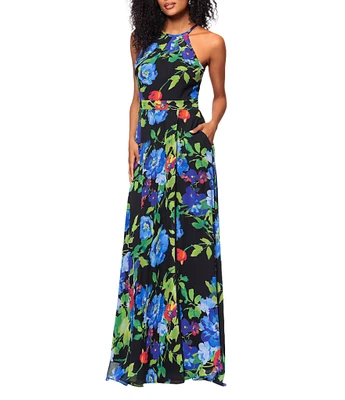 Betsy & Adam Chiffon Floral Print Halter Neck Sleeveless Blouson Gown