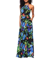 Betsy & Adam Chiffon Floral Print Halter Neck Sleeveless Blouson Gown