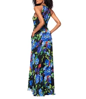 Betsy & Adam Chiffon Floral Print Halter Neck Sleeveless Blouson Gown