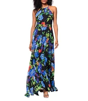 Betsy & Adam Chiffon Floral Print Halter Neck Sleeveless Blouson Gown